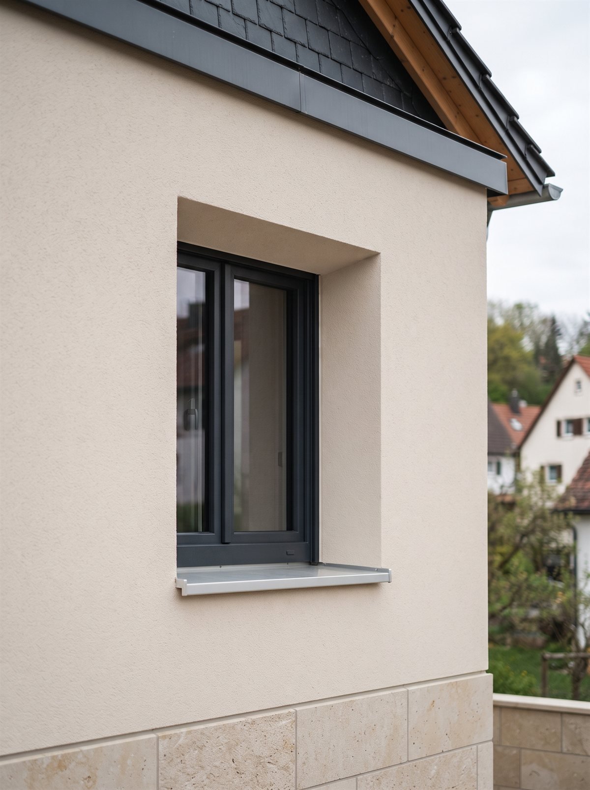 Fassadendetail mit neuem Fenster und Natursteinsockel